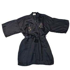 Vintage 70s Golden Dragon Black Silk Kimono Robe Hand Embroidered Landscape OS